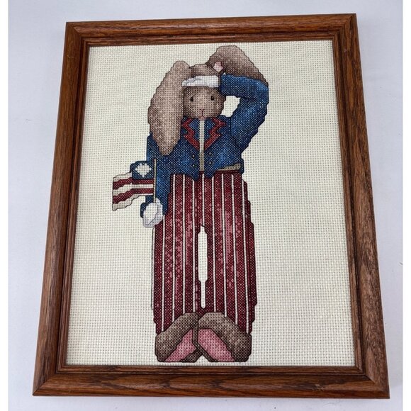 Handmade Other - Patriotic Bunny Cross Stitch Framed Art Wood Frame Decorative Vintage